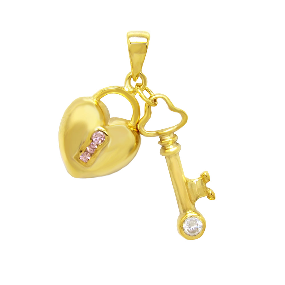 Sterling Silver Cubic Zirconia CZ Key Heart Pendant Gold Plated