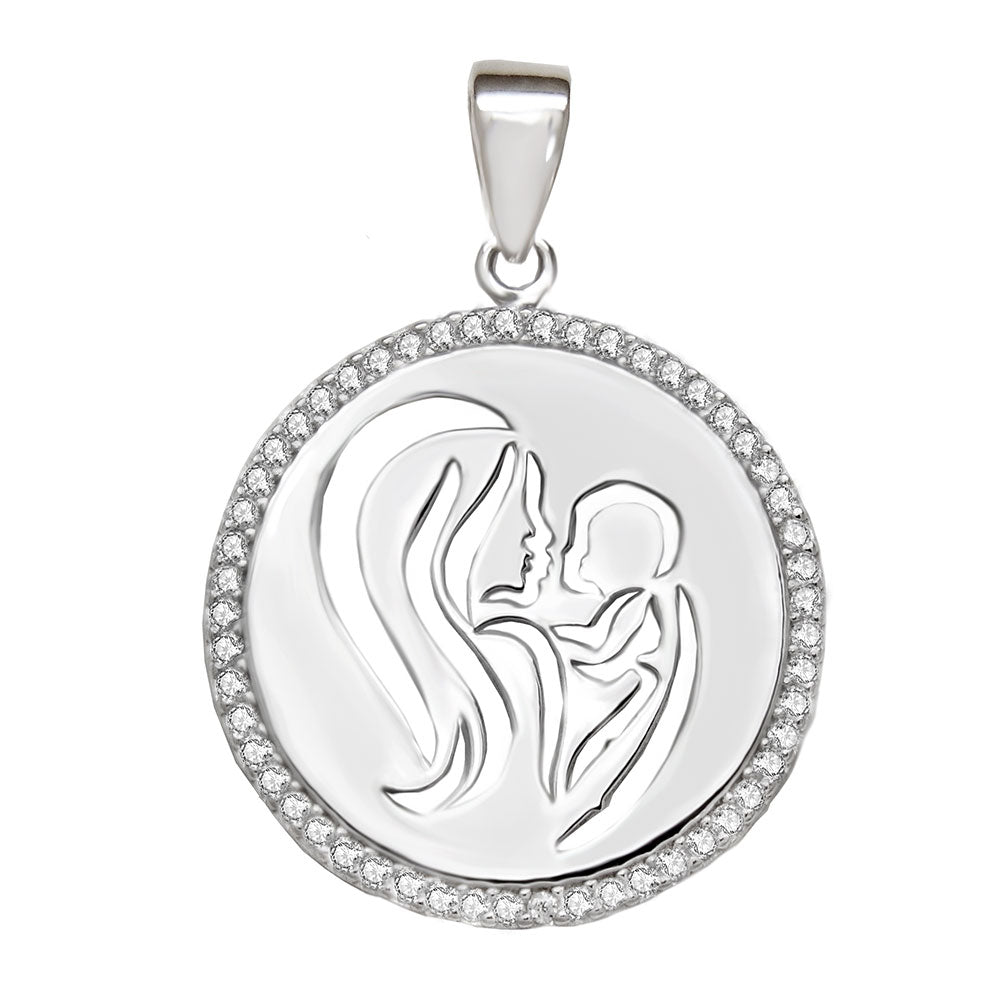 Mother Child Sterling Silver Rhodium Pendant