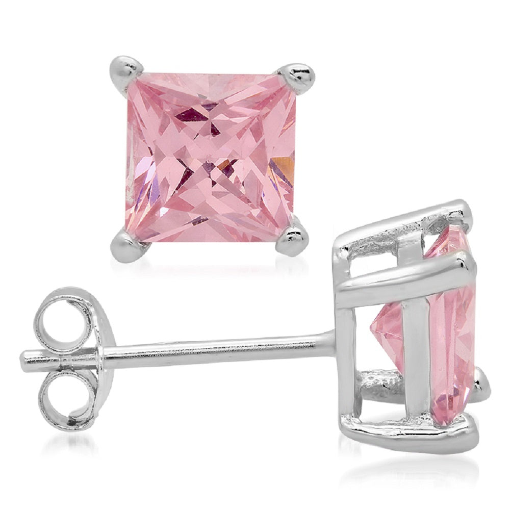 Princess-Cut Pink CZ Casting Stud Earrings