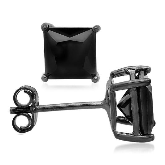 Sterling Silver Square Black CZ Black Rhodium Casting Stud Earrings