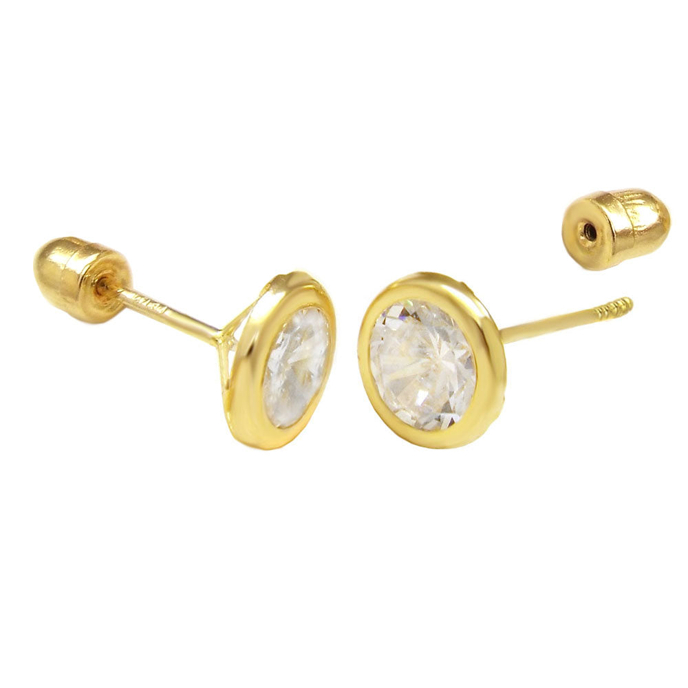 14K Gold Round Cubic Zirconia Bezel Set Stud Earrings W Screw Back