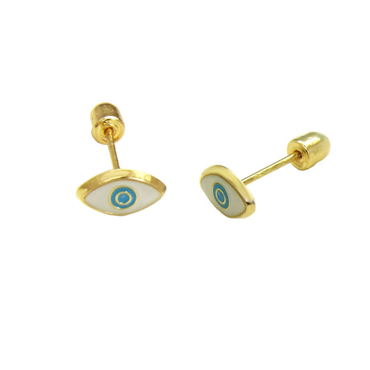 14K Yellow Gold Light Blue Evil Eye Stud Earrings