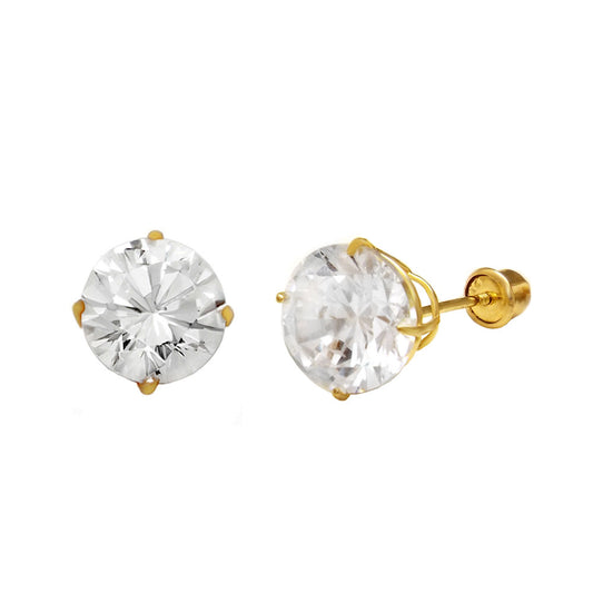 14K Yellow Gold 4 Prong Basket Round CZ W Screw Back Stud Earrings