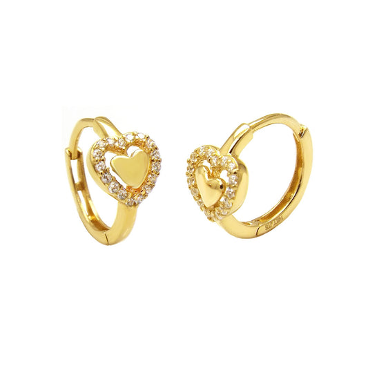 Yellow Gold Heart Huggie Hoop Earrings with Clear White Cubic Zirconia