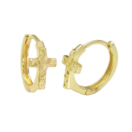 14K Solid Yellow Gold Cross Huggie Hoop Earrings