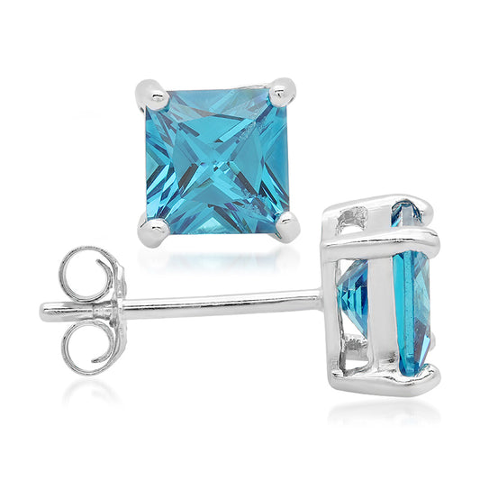 Sterling Silver Square CZ Blue Topaz Casting Stud Earrings