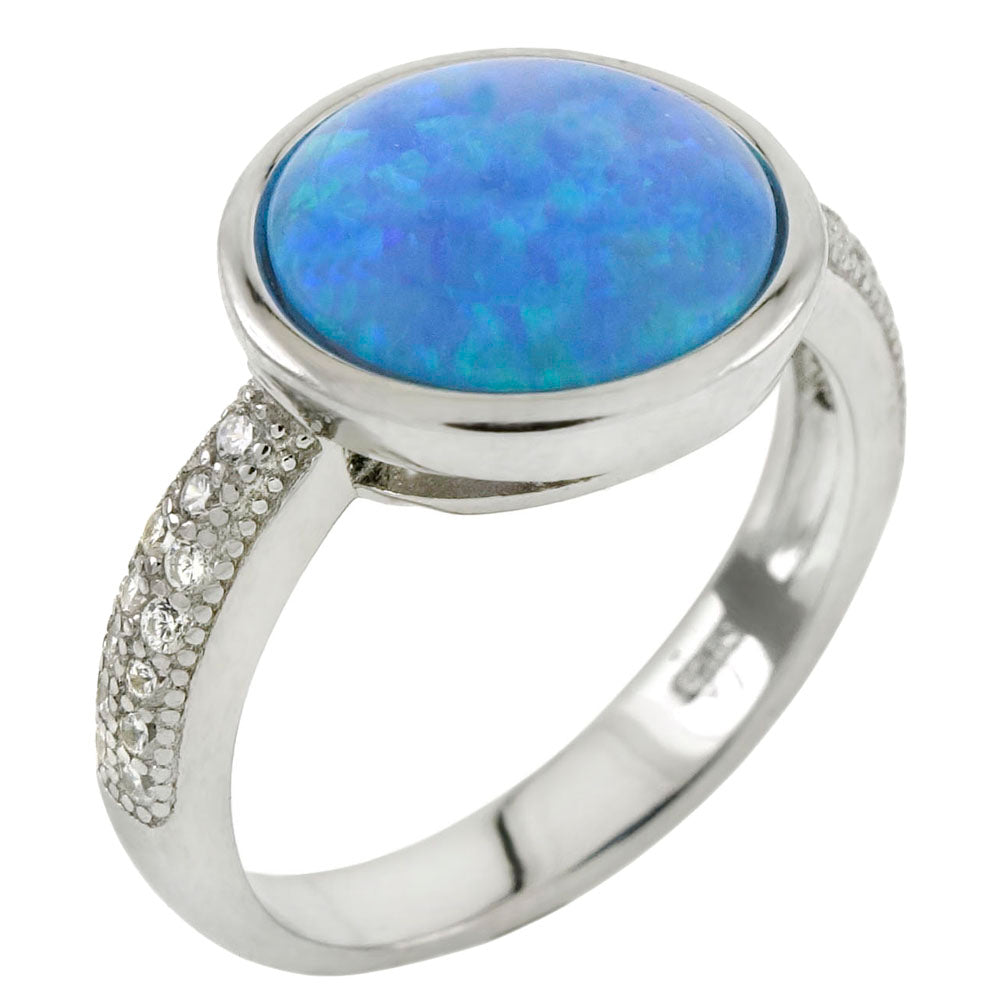 Sterling Silver Cubic Zirconia Ring W Simulated Blue Opal Bezel Setting