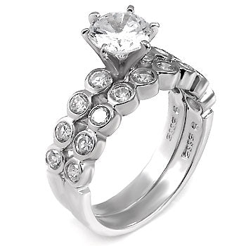 Center 8mm Round CZ W Bezel Set CZ Sterling Silver 2 Rings Set