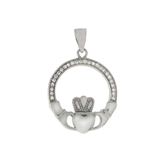 Cubic Zirconia Claddagh Sterling Silver Rhodium Pendant