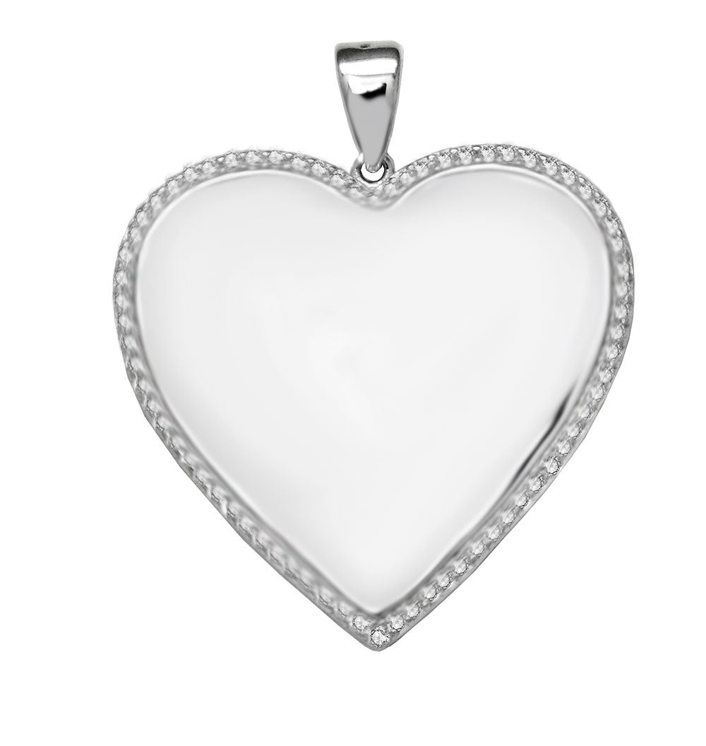 Sterling Silver CZ Engravable Heart Rhodium Pendant