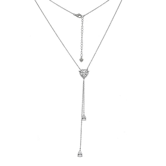 Heart Pear Shape CZ Rhodium Y Necklace