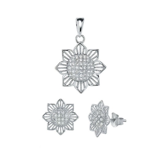 Micro Paved Sunflower Earrings Pendant Set