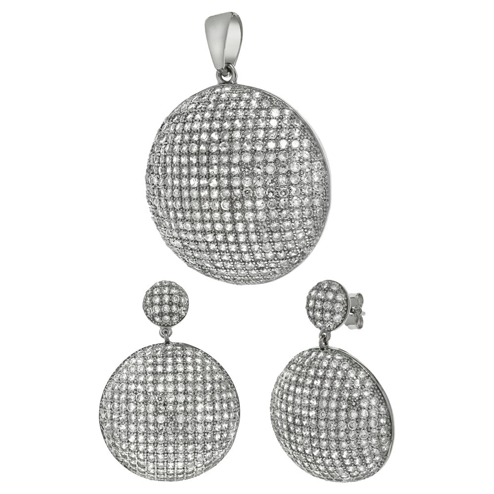 Micro Paved Puffy Circle Earrings Pendant Set