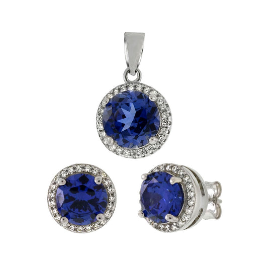 Simulated Tanzantine Halo CZ Earrings & Pendant Set