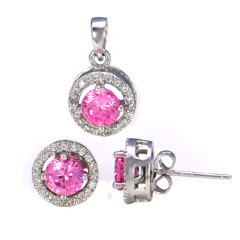 Round Pink Halo Earrings & Pendant Set