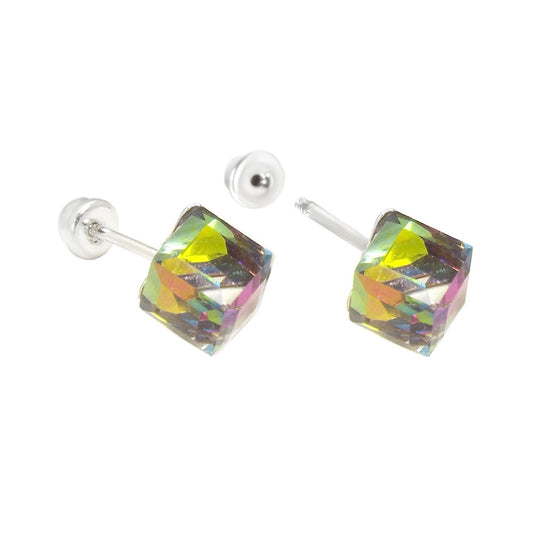 Rainbow Cube Crystal W Screw Back Stud Earrings