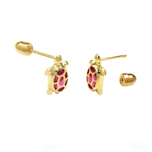 14K Gold Turtle W Red CZ Screw Back Stud Earrings