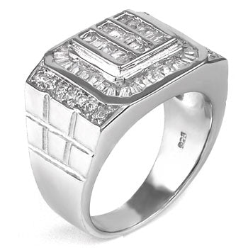 925 Sterling Silver Baguette Round CZ Men Ring