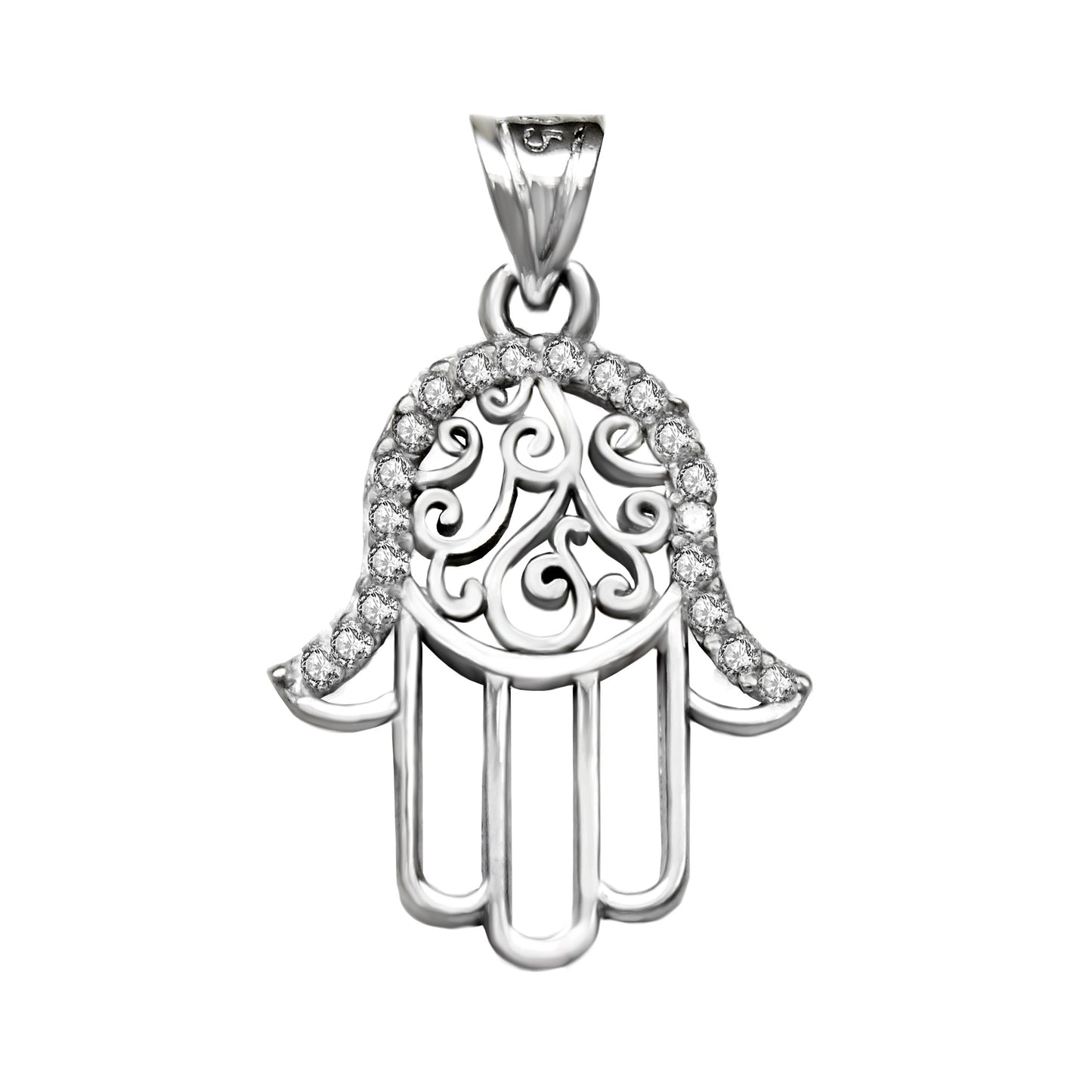 Sterling Silver Hamsa Hand CZ Rhodium Pendant