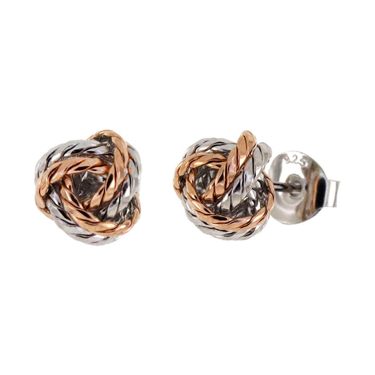 Sterling Silver Two Tone D C Love Knot Rhodium Stud Earrings