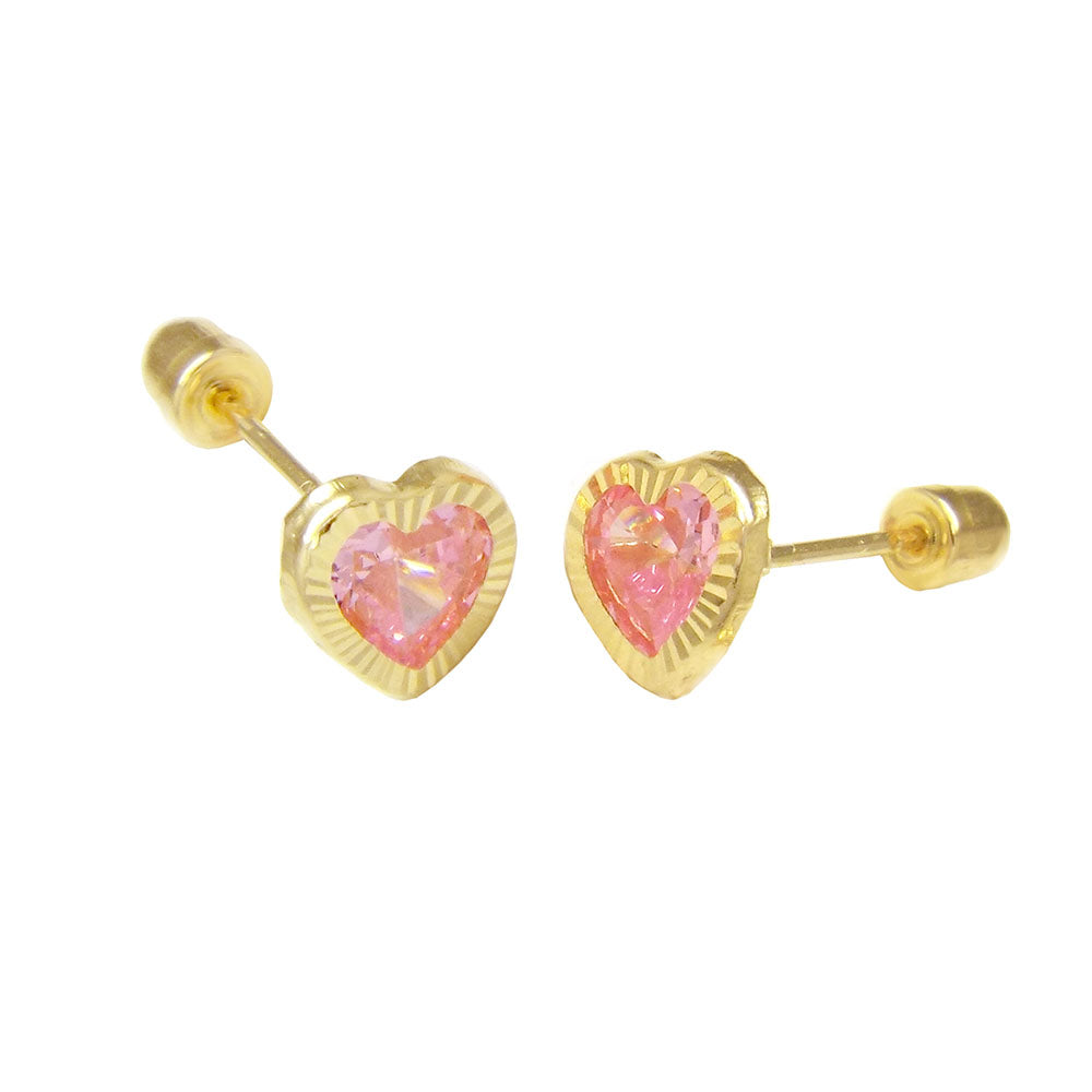 14K Gold Pink Heart Screw Back Stud Earrings