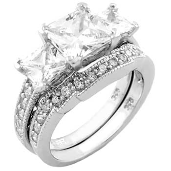 3 Princess Cut Cubic Zirconia Sterling Silver Wedding Ring Set