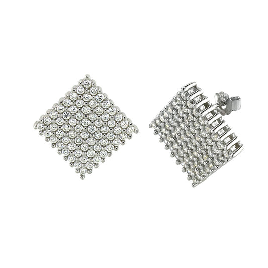 Sterling Silver Pave CZ Rhodium Square Stud Earrings