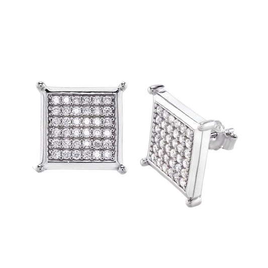 Sterling Silver Cubic Zirconia Micro Pave Rhodium Stud Earrings