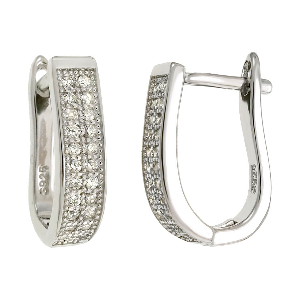 Sterling Silver 2 Lines Pave Cubic Zirconia Hoop Earrings