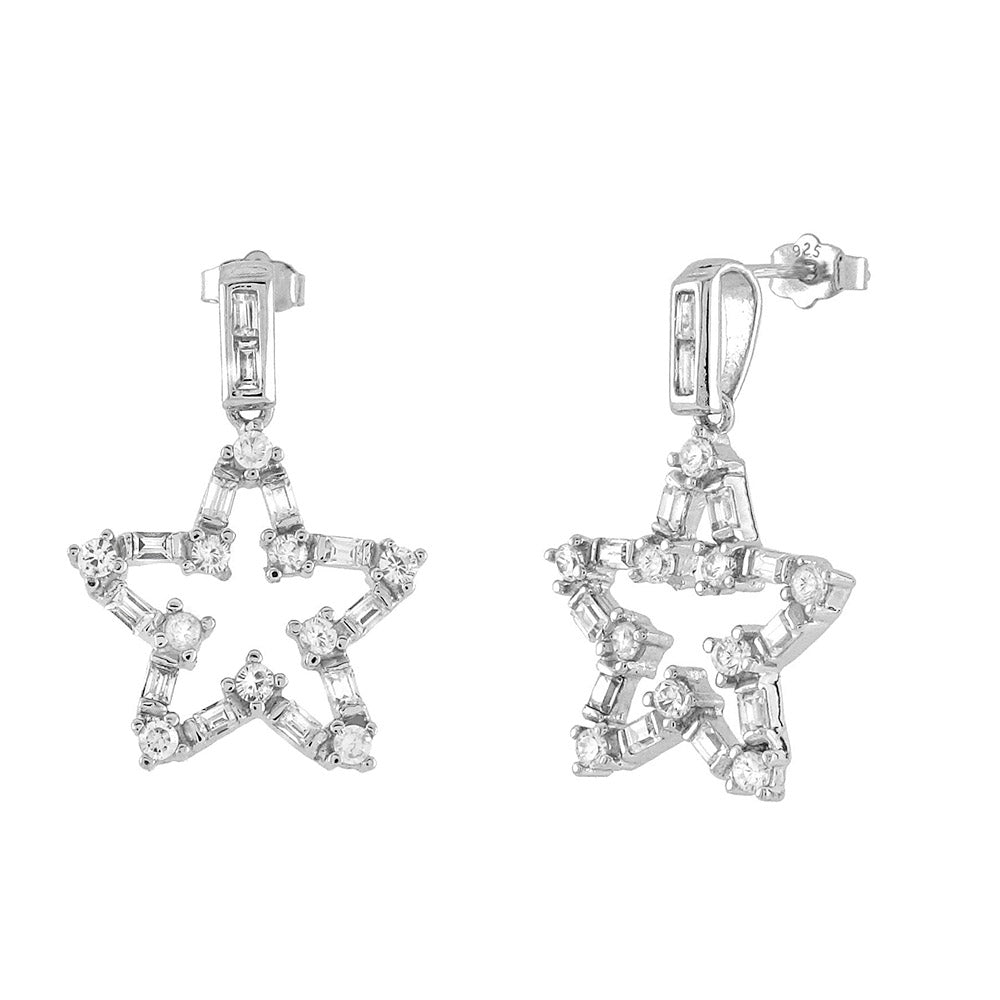 Baguette Round CZ Rhodium Star Dangle Earrings