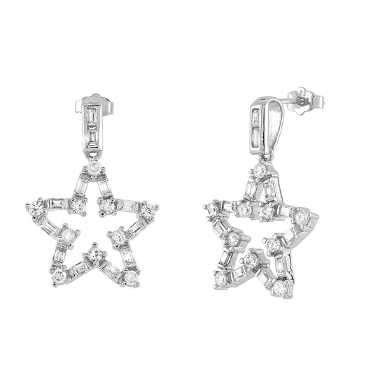 Baguette Round CZ Rhodium Star Dangle Earrings