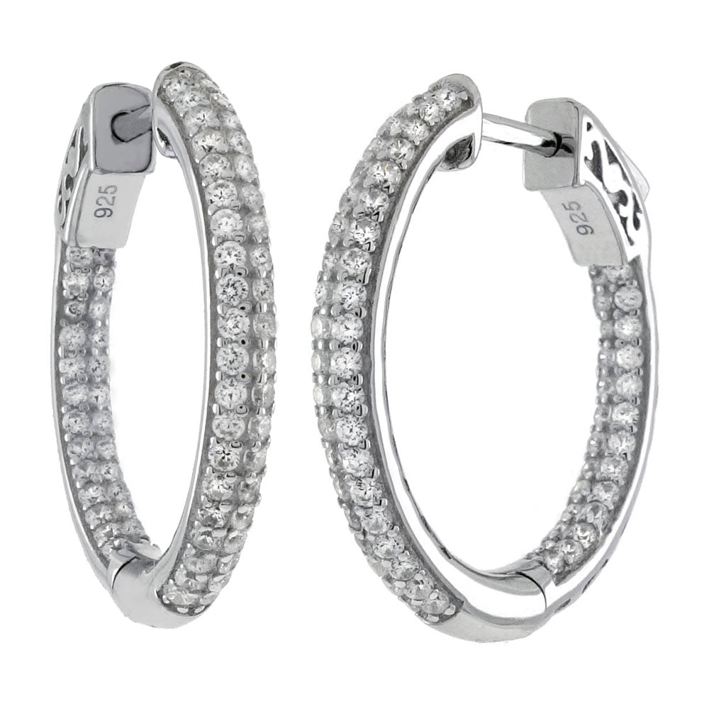 Sterling Silver Micro Pave 3 Lines CZ Inside Out Hoop Earrings