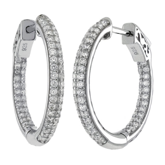 Sterling Silver Micro Pave 3 Lines CZ Inside Out Hoop Earrings