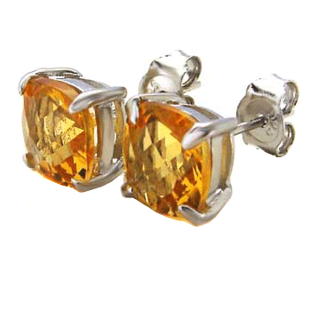 Cushion Cut CZ Citrine Rhodium Stud Earrings