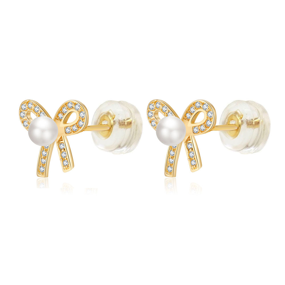 Pave CZ Bow Pearl Stud Earrings in 14K Gold W Silicone Backing