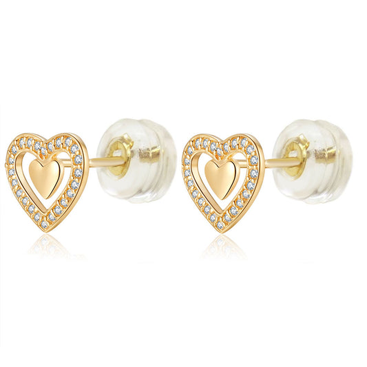 14K Gold Double Heart Stud Earrings