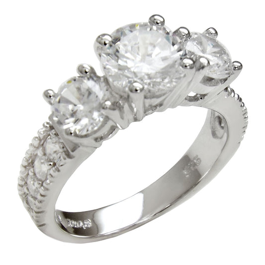 Three Stone Round Cut CZ Sterling Silver Engagement Ring