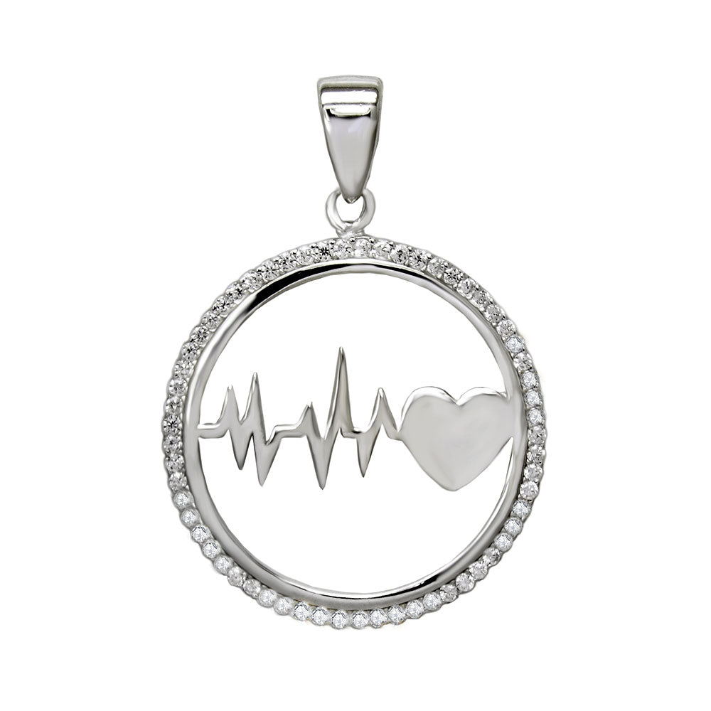 Pave CZ Circle Heartbeat Rhodium Pendant