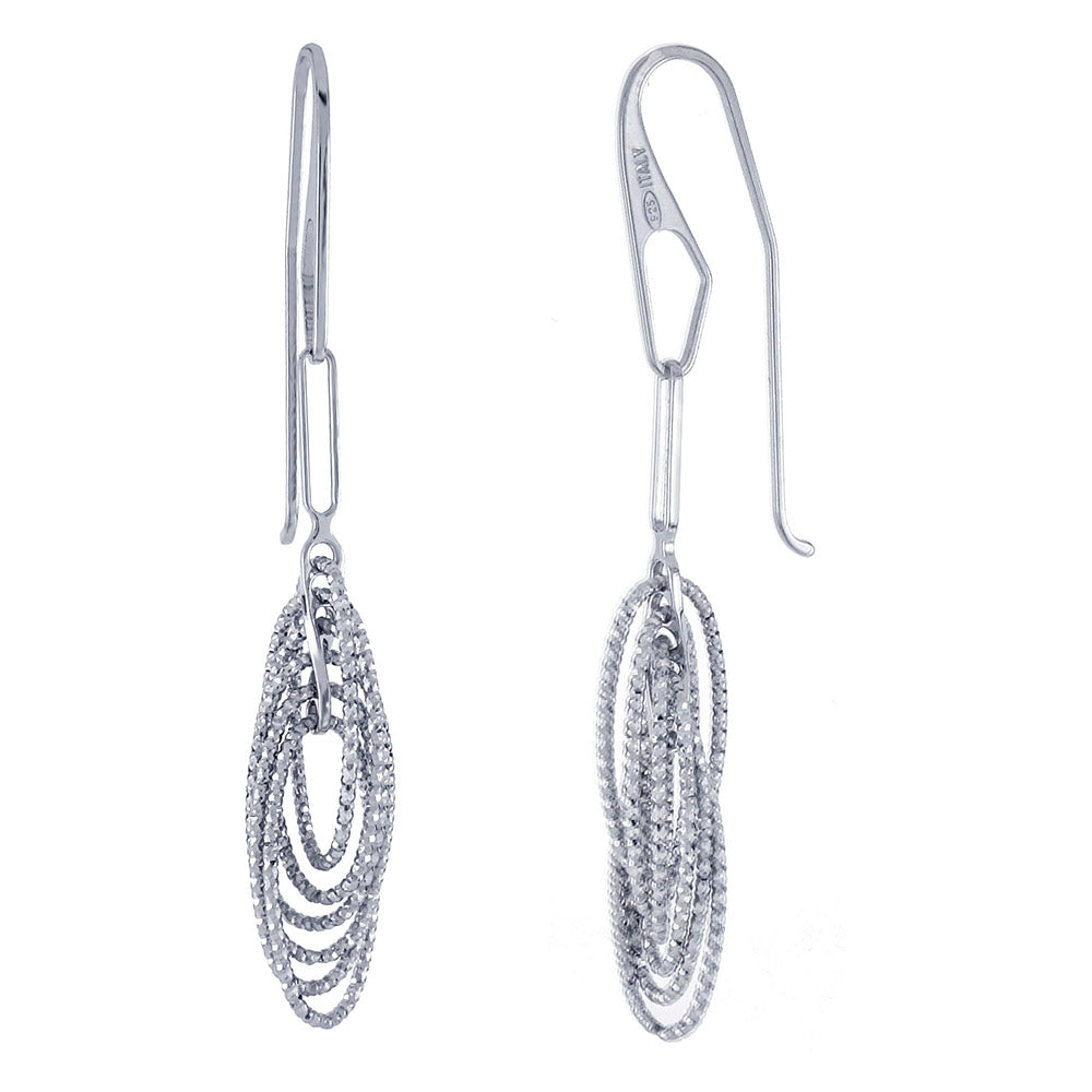 Italian Sterling Silver 3D Oval Shape Layer Rhodium Dangle Earrings