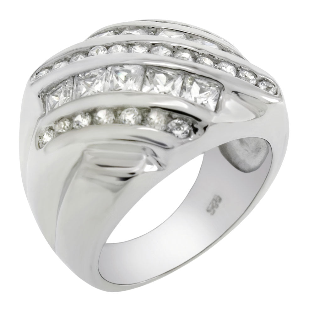 925 Sterling Silver 5 lines Round Princess CZ Man Ring