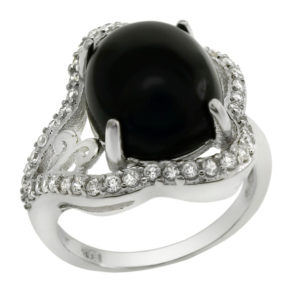 Sterling Silver 10x14 mm Black Onyx Clear CZ Ring