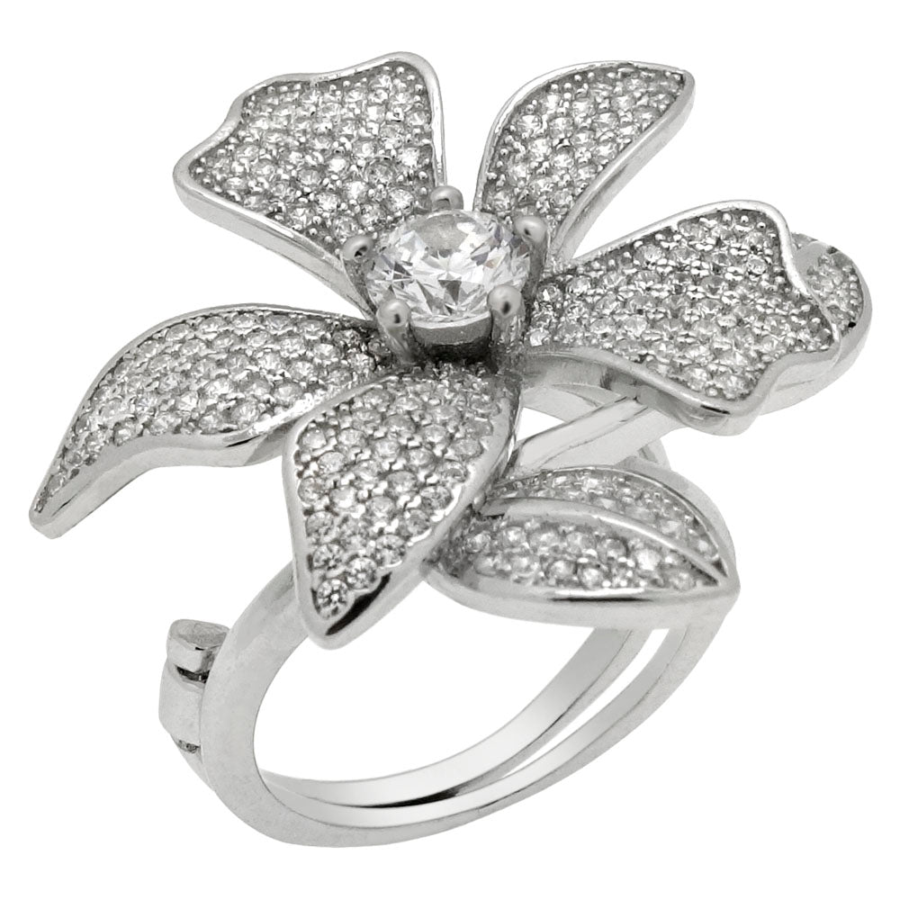 Sterling Silver Pave CZ Flower Two Fingers Ring
