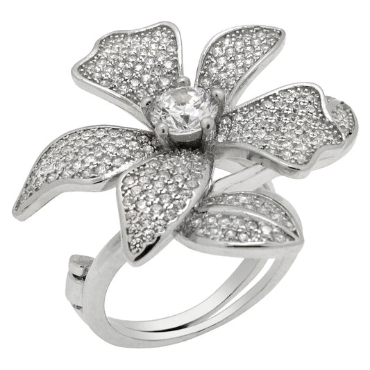 Sterling Silver Pave CZ Flower Two Fingers Ring