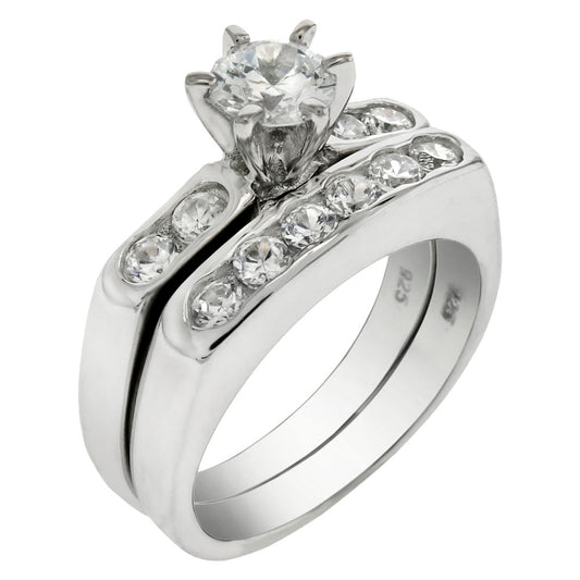 5mm Cubic Zirconia 6 Prong Set Sterling Silver Bridal Ring Set