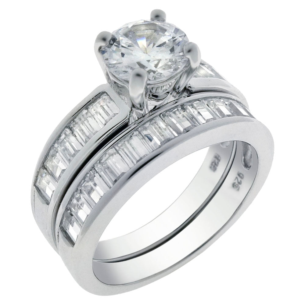 7mm Round Baguette CZ Band Sterling Silver Bridal Ring Set