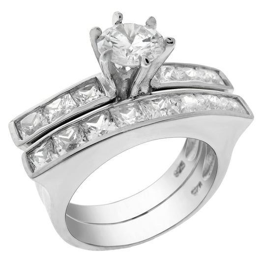 7mm Round Cubic Zirconia Sterling Silver Ring Set