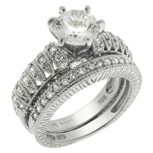 Sterling Silver Cubic Zirconia Vintage Wedding Ring Set