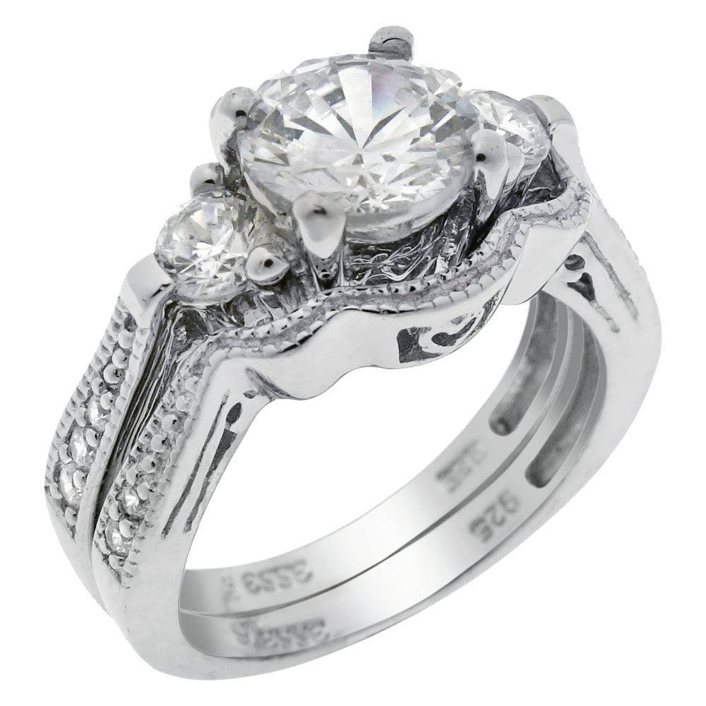 Sterling Silver 7mm Round Center CZ Wedding Ring Set