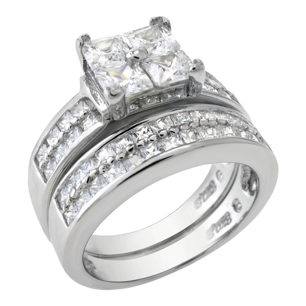 Sterling Silver Invisble Princess CZ Wedding Ring Set