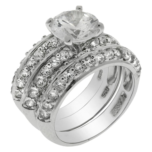 7.5mm Round CZ 3 pcs Wedding Ring Set